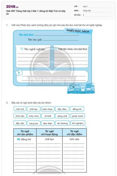 Giải VBT Tiếng Việt lớp 3 Bài 1: Đồng hồ Mặt Trời có đáp án