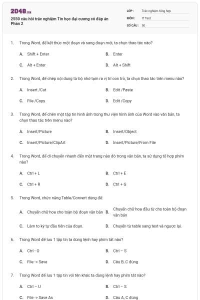 2550 câu hỏi trắc nghiệm Tin học đại cương có đáp án Phần 2