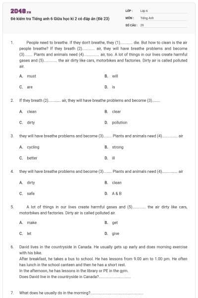 Đè kiểm tra Tiếng anh 6 Giữa học kì 2 có đáp án (Đề 23)