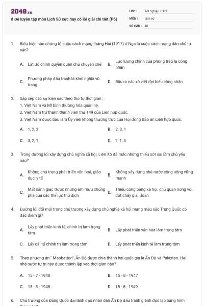 8 Đề luyện tập môn Lịch Sử cực hay có lời giải chi tiết (P6)
