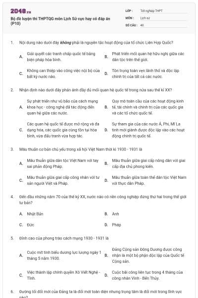 Bộ đề luyện thi THPTQG môn Lịch Sử cực hay có đáp án (P10)