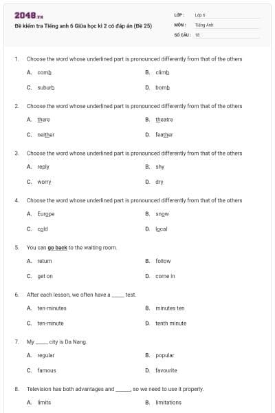 Đề kiểm tra Tiếng anh 6 Giữa học kì 2 có đáp án (Đề 25)