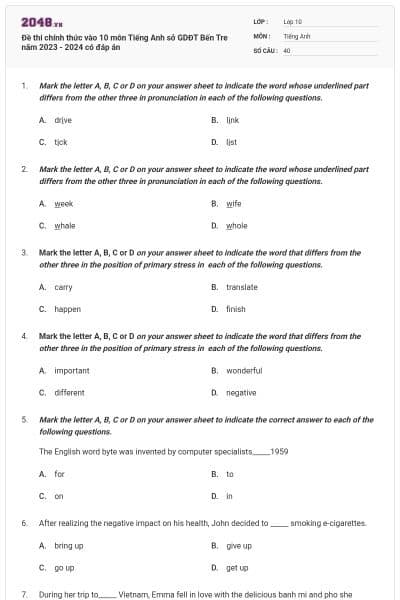 Đề thi chính thức vào 10 môn Tiếng Anh sở GDĐT Bến Tre năm 2023 - 2024 có đáp án