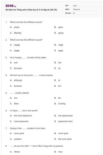 Đề kiểm tra Tiếng anh 6 Giữa học kì 2 có đáp án (Đề 26)