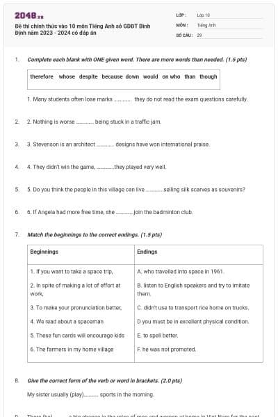 Đề thi chính thức vào 10 môn Tiếng Anh sở GDĐT Bình Định năm 2023 - 2024 có đáp án