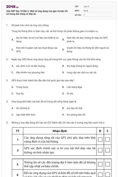 Giải SBT Địa 10 Bài 3. Một số ứng dụng của gps và bản đồ số trong đời sống có đáp án