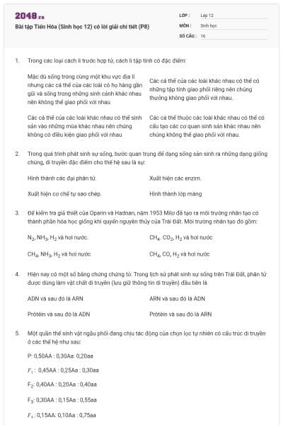 Bài tập Tiến Hóa (Sinh học 12) có lời giải chi tiết (P8)