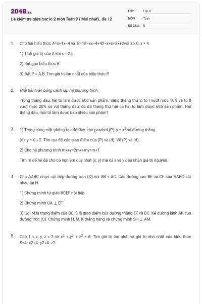 Đề kiểm tra giữa học kì 2 môn Toán 9 ( Mới nhất)_ đề 12