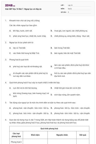 Giải SBT Địa 10 Bài 7. Ngoại lực có đáp án