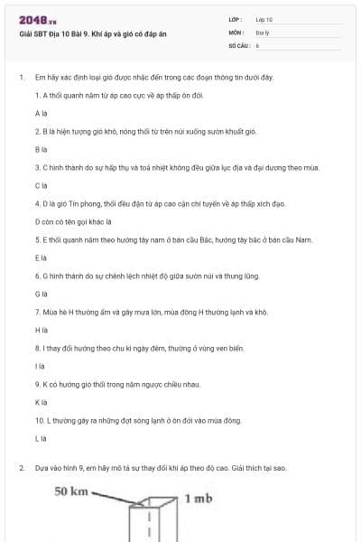 Giải SBT Địa 10 Bài 9. Khí áp và gió có đáp án