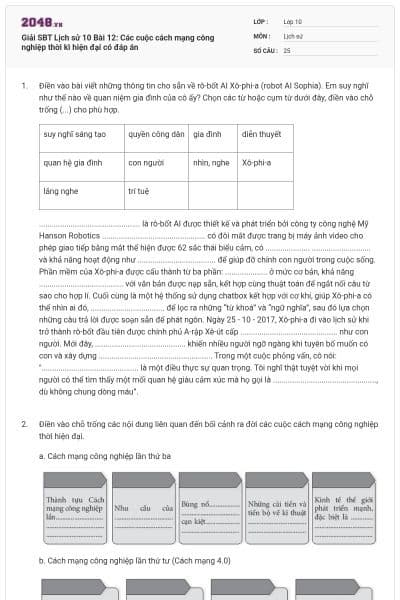 Giải SBT Lịch sử 10 Bài 12: Các cuộc cách mạng công nghiệp thời kì hiện đại có đáp án