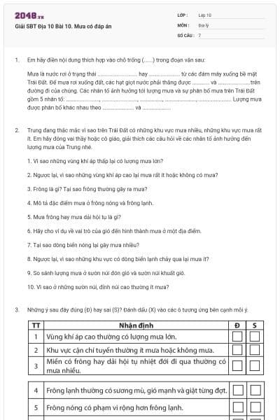 Giải SBT Địa 10 Bài 10. Mưa có đáp án