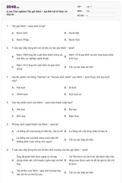 6 câu Trắc nghiệm Tác giả Sếch – xpi Kết nối tri thức có đáp án