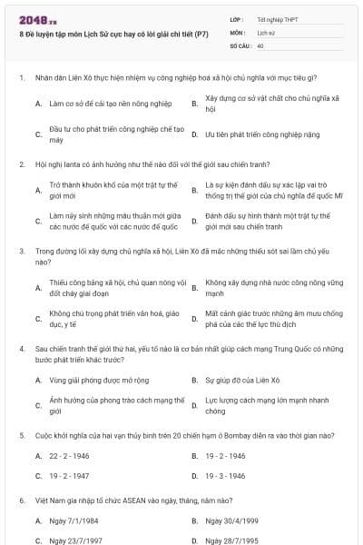 8 Đề luyện tập môn Lịch Sử cực hay có lời giải chi tiết (P7)
