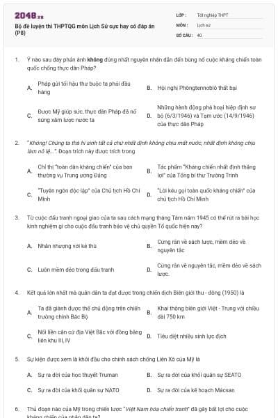 Bộ đề luyện thi THPTQG môn Lịch Sử cực hay có đáp án (P8)