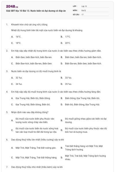 Giải SBT Địa 10 Bài 13. Nước biển và đại dương có đáp án