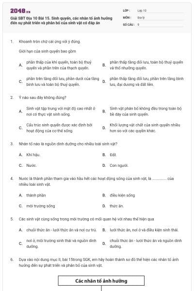 Giải SBT Địa 10 Bài 15. Sinh quyển, các nhân tố ảnh hưởng đến sự phát triển và phân bố của sinh vật có đáp án