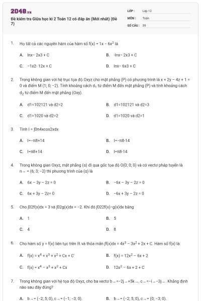 Đề kiểm tra Giữa học kì 2 Toán 12 có đáp án (Mới nhất) (Đề 7)