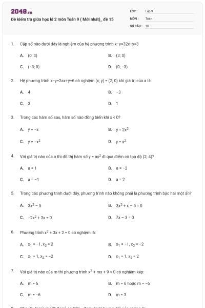 Đề kiểm tra giữa học kì 2 môn Toán 9 ( Mới nhất)_ đề 15