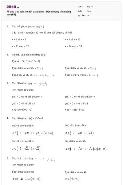 75 câu trắc nghiệm Bất đẳng thức - Bất phương trình nâng cao (P3)