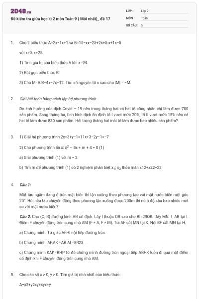 Đề kiểm tra giữa học kì 2 môn Toán 9 ( Mới nhất)_ đề 17