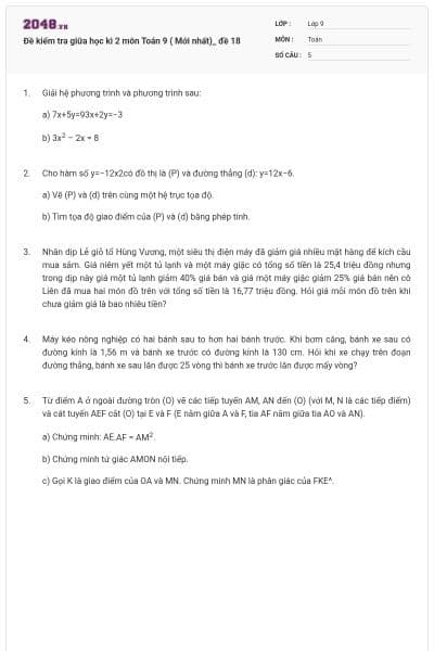Đề kiểm tra giữa học kì 2 môn Toán 9 ( Mới nhất)_ đề 18