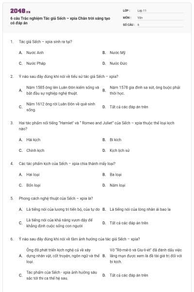 6 câu Trắc nghiệm Tác giả Sếch – xpia Chân trời sáng tạo có đáp án