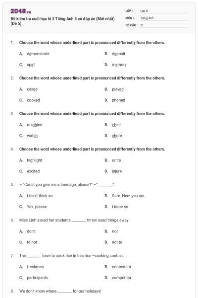 Đề kiểm tra cuối học kì 2 Tiếng Anh 8 có đáp án (Mới nhất) (Đề 5)