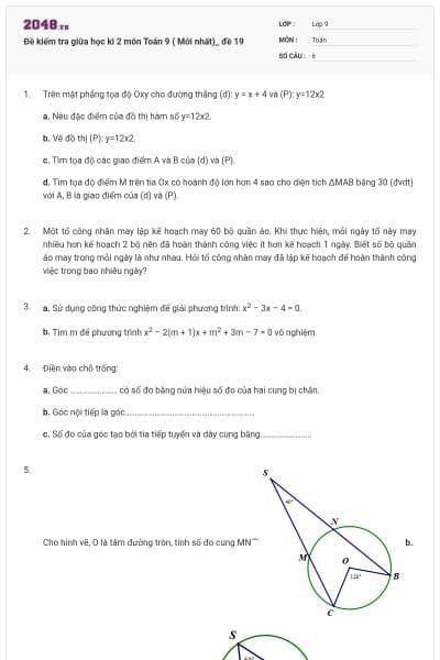 Đề kiểm tra giữa học kì 2 môn Toán 9 ( Mới nhất)_ đề 19