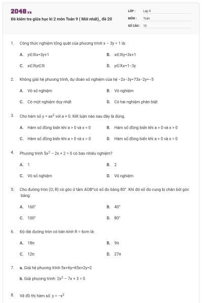 Đề kiểm tra giữa học kì 2 môn Toán 9 ( Mới nhất)_ đề 20