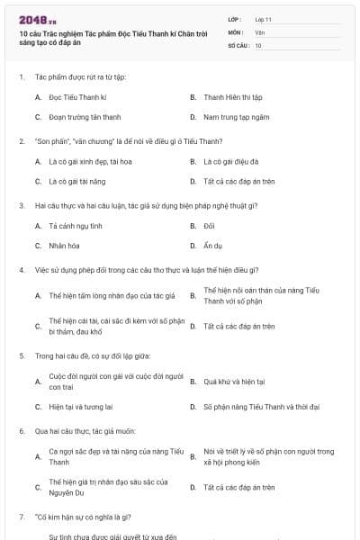 10 câu Trắc nghiệm Tác phẩm Độc Tiểu Thanh kí Chân trời sáng tạo có đáp án