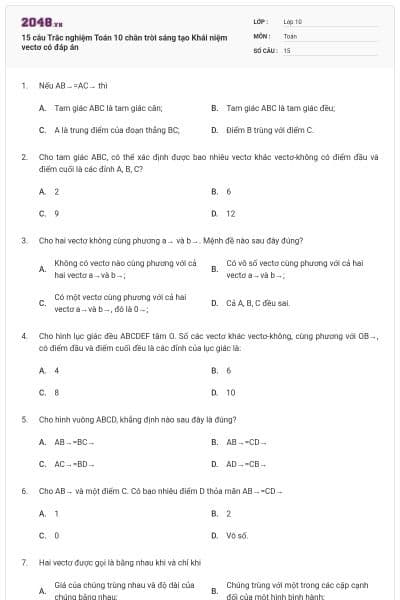 15 câu Trắc nghiệm Toán 10 chân trời sáng tạo Khái niệm vectơ có đáp án