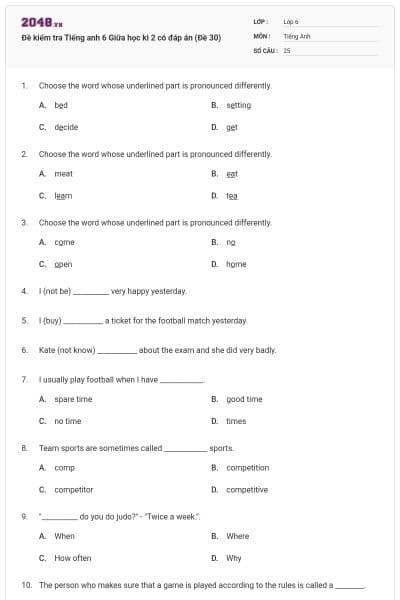 Đề kiểm tra Tiếng anh 6 Giữa học kì 2 có đáp án (Đề 30)