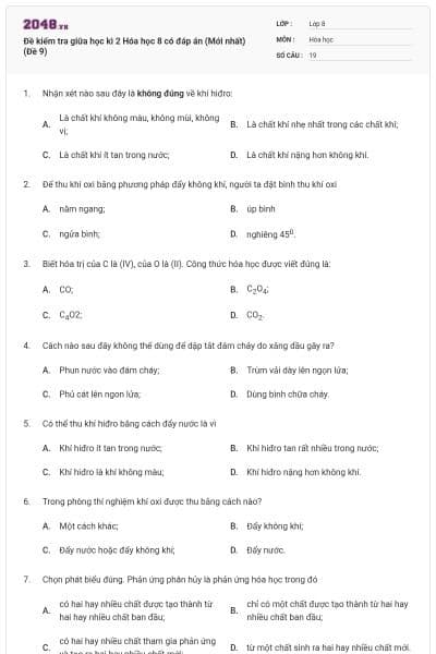 Đề kiểm tra giữa học kì 2 Hóa học 8 có đáp án (Mới nhất) (Đề 9)