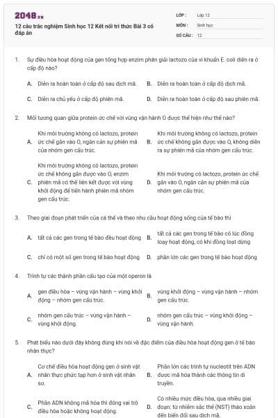 12 câu trắc nghiệm Sinh học 12 Kết nối tri thức Bài 3 có đáp án