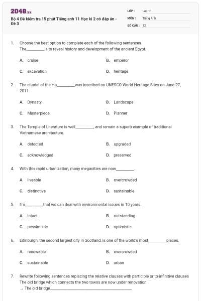 Bộ 4  Đề kiểm tra 15 phút Tiếng anh 11 Học kì 2 có đáp án - Đề 3