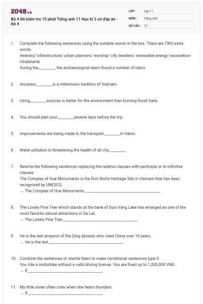 Bộ 4  Đề kiểm tra 15 phút Tiếng anh 11 Học kì 2 có đáp án - Đề 4