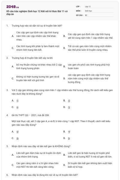 85 câu trắc nghiệm Sinh học 12 Kết nối tri thức Bài 11 có đáp án