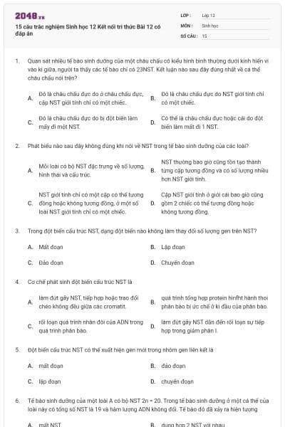 15 câu trắc nghiệm Sinh học 12 Kết nối tri thức Bài 12 có đáp án