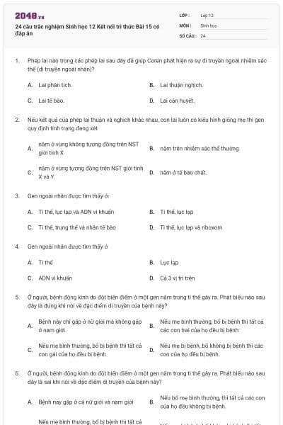 24 câu trắc nghiệm Sinh học 12 Kết nối tri thức Bài 15 có đáp án