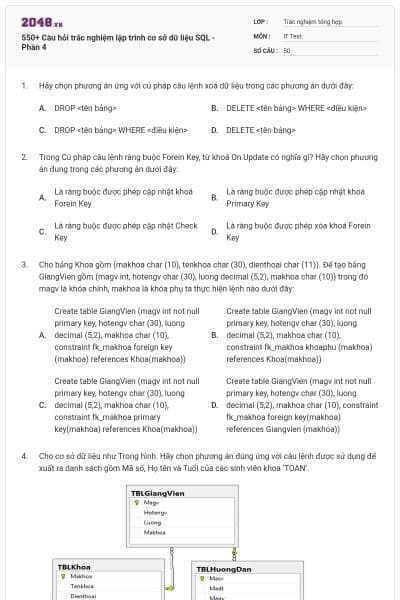 550+ Câu hỏi trắc nghiệm lập trình cơ sở dữ liệu SQL - Phần 4
