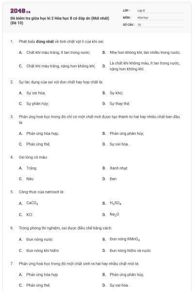 Đề kiểm tra giữa học kì 2 Hóa học 8 có đáp án (Mới nhất) (Đề 10)