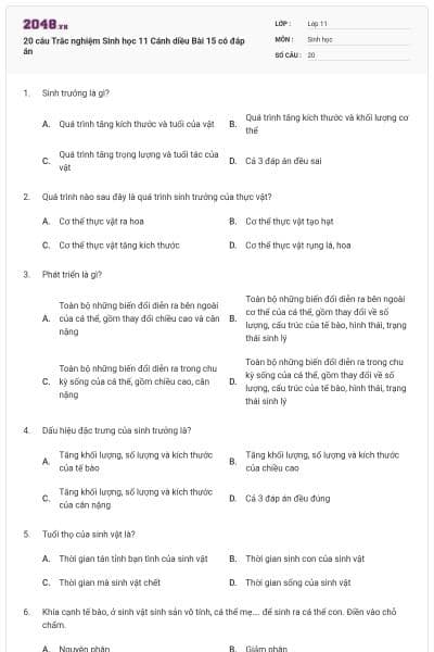 20 câu Trắc nghiệm Sinh học 11 Cánh diều Bài 15 có đáp án