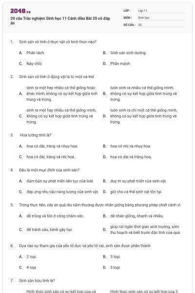 20 câu Trắc nghiệm Sinh học 11 Cánh diều Bài 20 có đáp án