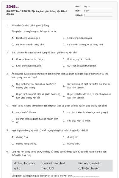 Giải SBT Địa 10 Bài 34. Địa lí ngành giao thông vận tải có đáp án