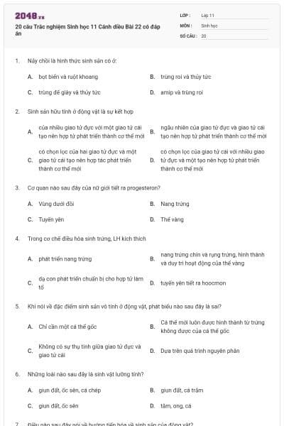 20 câu Trắc nghiệm Sinh học 11 Cánh diều Bài 22 có đáp án