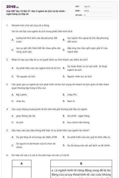 Giải SBT Địa 10 Bài 37. Địa lí ngành du lịch và tài chính - ngân hàng có đáp án