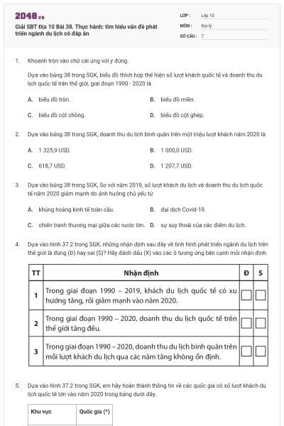 Giải SBT Địa 10 Bài 38. Thực hành: tìm hiểu vấn đề phát triển ngành du lịch có đáp án