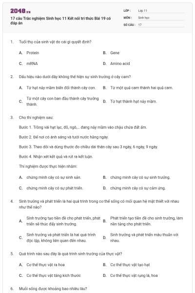 17 câu Trắc nghiệm Sinh học 11 Kết nối tri thức Bài 19 có đáp án