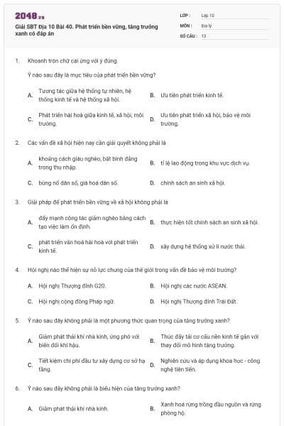 Giải SBT Địa 10 Bài 40. Phát triển bền vững, tăng trưởng xanh có đáp án